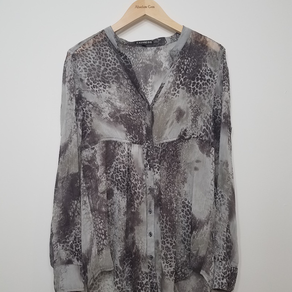Express Gray Animal Print Sheer Hi-Lo button up long sleeve Blouse top Small - Picture 2 of 8